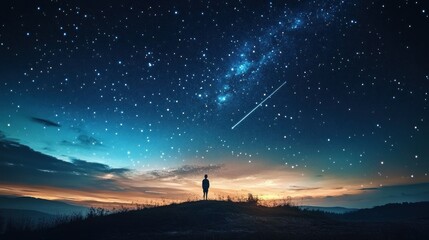 Fototapeta premium Solitary Figure Gazing at a Starry Night Sky with a Shooting Star