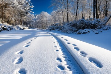 Obraz premium Winter nature landscape of a peaceful forest path, blanketed in snow, with animal tracks leading into the distance