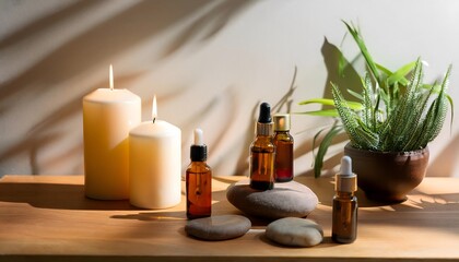 Aromatherapy candles and oils on a wooden table with natural elements like stones and plants