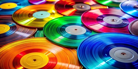 A Symphony of Colors Closeup of Vibrant Vinyl Records, music, vinyl, records