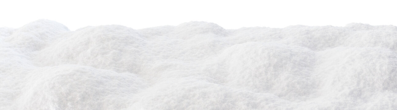 Snow-covered landscape with soft, fluffy mounds of snow, on transparent background. Ideal for use as footer in winter-themed designs, digital art, holiday promotions, seasonal graphic projects. 3D.