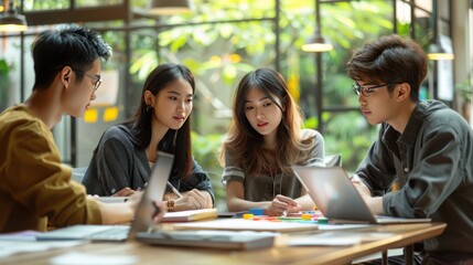Group of students collaborating on a project in a cafe