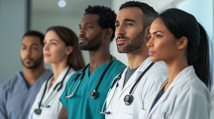 Fototapeta premium multiracial group of medical professionals gathered around a whiteboard or digital screen, discussing treatment plans or medical advancements. The group should include doctors, nur