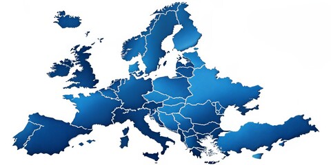 Obraz premium Blue European Map with Country Borders, Digital Illustration, Map of Europe, Country, Europe, Continent