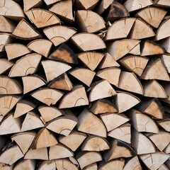 Close-up view of a neatly stacked pile of firewood. The firewood pieces are cut into uniform, triangular and wedge shapes, showcasing the natural grain and texture of the wood.