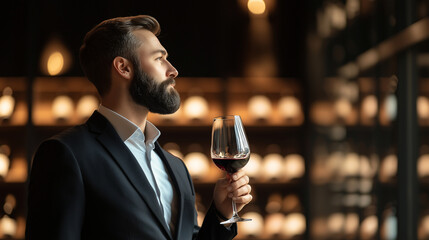 portrait of sommelier in a sophisticated setting, such as a high-end restaurant or private tasting room. The sommelier should be engaged in smelling and tasting an alcoholic bevera