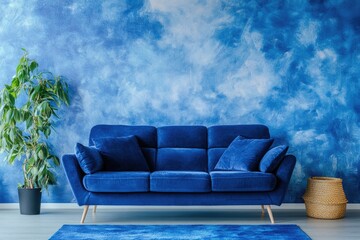 Minimalist Living Room Interior with Stylish White Sofa on Grey Wall Background