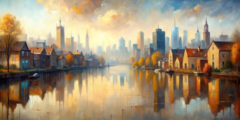 Fototapeta premium Cityscape Reflection in Water, Oil Painting, Buildings, Water, City , cityscape, reflection