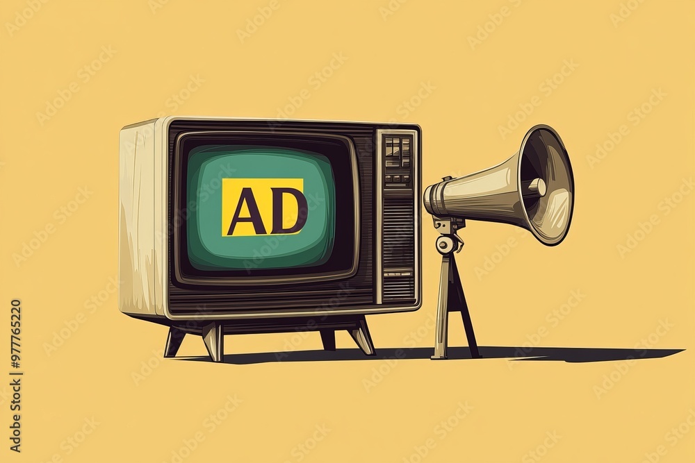 Poster retro tv with megaphone displaying advertisement in a vintage room setting representing nostalgic an