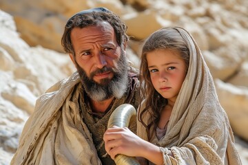 A bearded man dressed in traditional, ancient robes holds a shepherd’s staff while standing next to a young girl in a desert landscape.