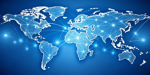 Fototapeta premium Global Network, World Map, Connectivity, Blue Background, Technology, Network, Globe