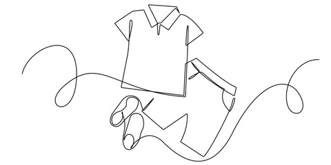 continuous line one set of clothes.one line drawing of shoes,shorts and shirt.single line vector illustration.isolated white background