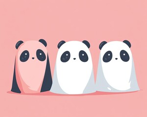 Obraz premium Three adorable panda characters, each with unique expressions, set against a soft pink background, perfect for fun designs.