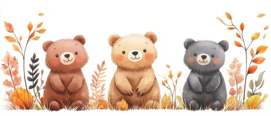 Three adorable cartoon bears in autumn colors surrounded by leaves and flowers, perfect for children's illustrations and themes.