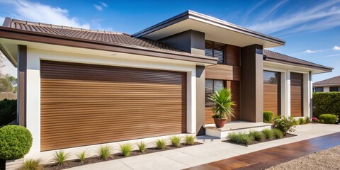Modern Home with Wooden Garage Door and Lush Greenery, modern home, garage door, landscaping