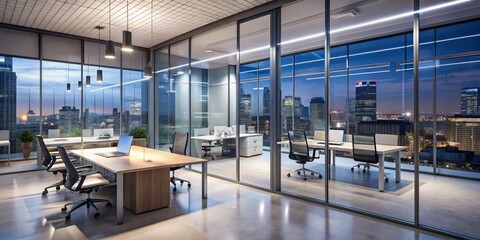 Modern Office Interior with Cityscape View, Glass Wall, Wooden Desk, Night, Skyscraper , City , Office