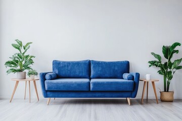 Modern Living Room Interior with Blue Sofa, Plants, and Table on Stylish White Wall Background