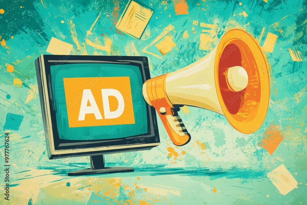 Poster modern meets retro digital display tv with megaphone announcing an ad symbolizing the intersection o