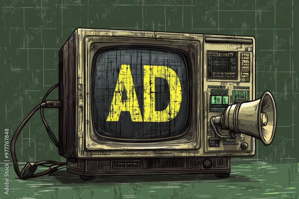 Poster detailed retro tv set with attached megaphone projecting bold ad representing the power of vintage a