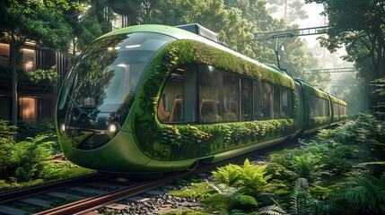 A train in a sustainable smart city, illustrating eco-friendly public transportation and urban planning for a greener future.