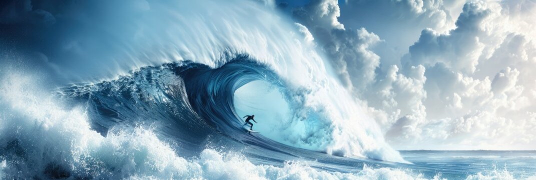 Surfer riding a massive wave under a dramatic sky during sunrise at the beach