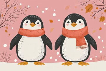 Fototapeta premium Two cute penguins wearing red scarves stand together against a pink backdrop with falling leaves, perfect for winter themes.
