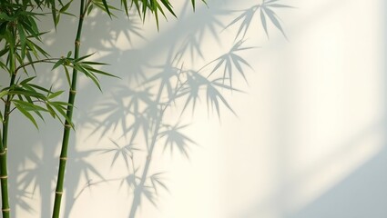 Tranquil bamboo leaf shadows on white wall