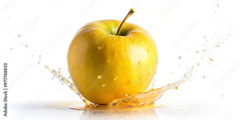 Poster a fresh green apple falls into clear water, creating an explosion of droplets that catch light and c