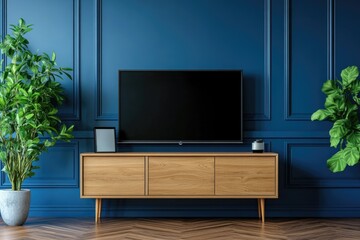 Contemporary Living Room Decor with TV Cabinet on Dark Blue Wall Background