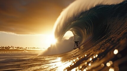 Fototapeta premium Surfer rides a massive wave at sunset by the beach with silhouetted palm trees in the background