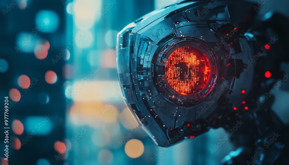 Poster stunning photography featuring a futuristic analytics robot set against a dynamic tech background