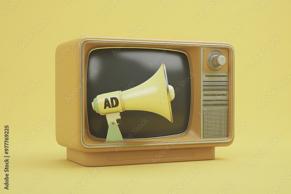 Poster classic beige retro television with megaphone displaying ad symbolizing simple and effective analog 