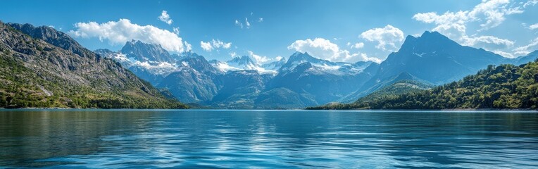 Panoramic View of Snow-Capped Alaskan Mountains and Reflecting Blue Lake