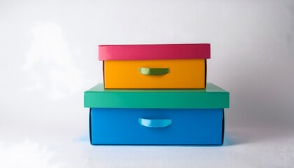  Colorful storage boxes stacked together on a white background.