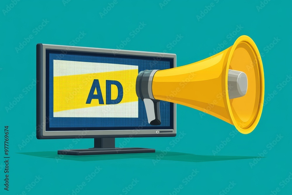 Poster modern retro tv set with attached megaphone projecting ad symbolizing creative digital marketing com