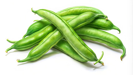 A collection of fresh green beans is neatly arranged, highlighting their rich color and smooth surface. The vegetables are vibrant and appetizing