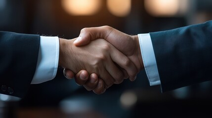 Two business professionals shaking hands in a formal setting, symbolizing trust and collaboration in a corporate environment.