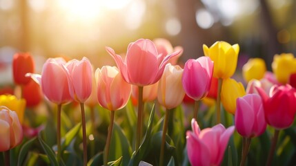 Vibrant Pink and Yellow Tulips Blooming in the Spring Sunlight