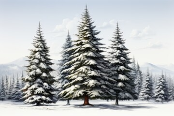 A tranquil winter landscape with snow-covered fir trees standing majestically against a serene sky.