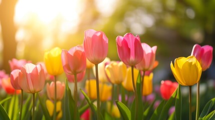 Obraz premium Vibrant Tulips in a Sunlit Garden: A Springtime Delight