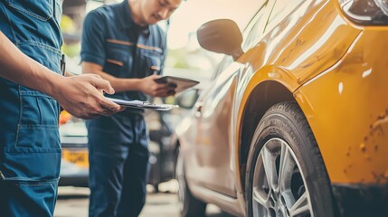 Obraz premium Mechanics Inspecting Car.