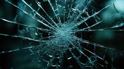 Detailed close-up of a spider's web broken glass with a central hole