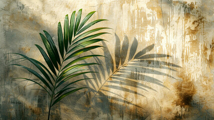 Lush green palm leaves cast delicate shadows on a textured warm background