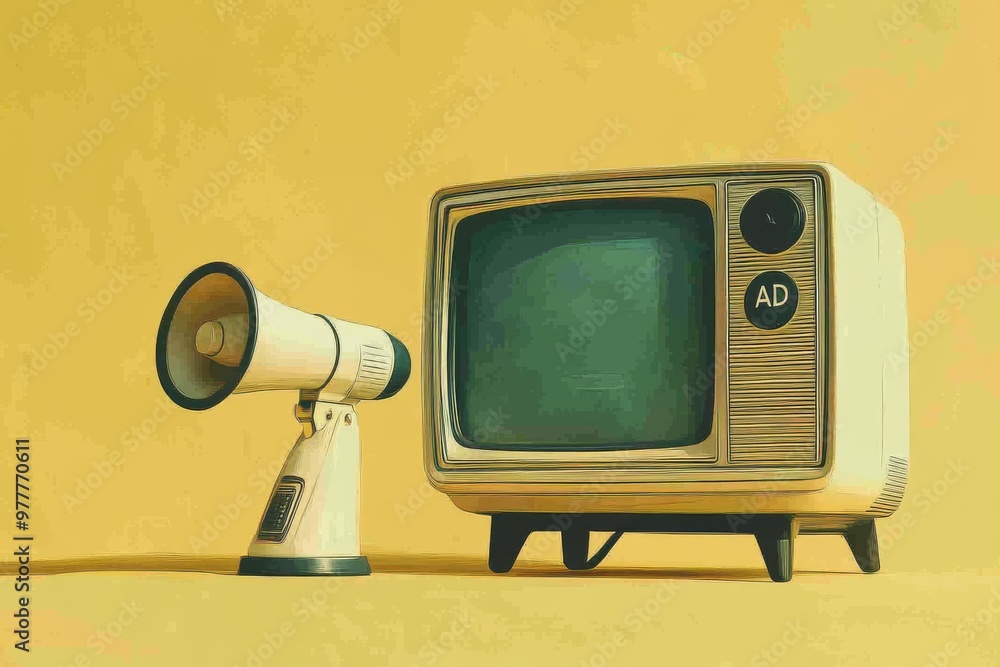 Poster retro tv with attached megaphone displaying ad symbolizing classic analog marketing techniques combi