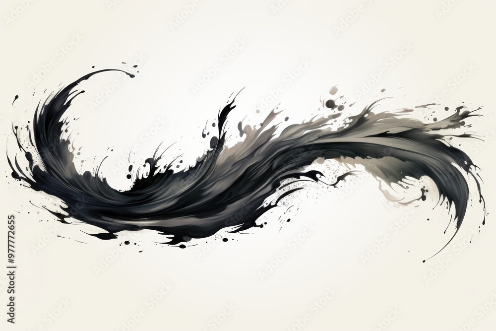 Poster dynamic black ink splash resembling a flowing wave, perfect for artistic and creative design project