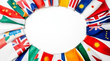 A diverse collection of international flags forming a circle on a plain white background, symbolizing unity and global connection.