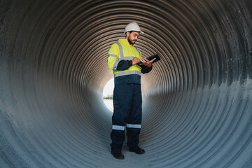 Engineers work inside a large steel pipe that forms the foundation of a tunnel, collaborating on...