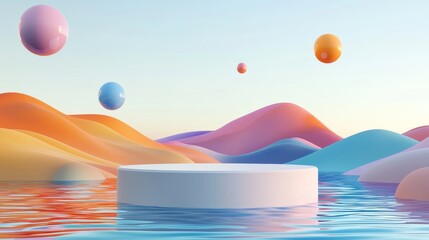 Surreal landscape 3D render of empty podium stand for product with colorful ball falling in the air and a beautiful grassy dune over sky.