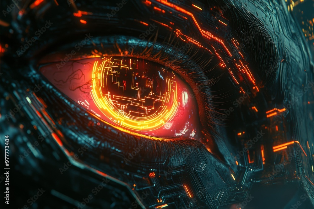 Poster fiery cybernetic eye close up with digital patterns and circuits symbolizing ai powered vision futur