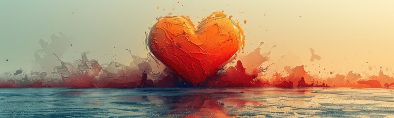 Painting of a heart shaped object floating in the water, love background, banner, copy space